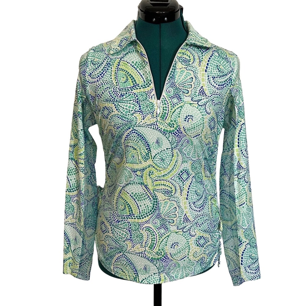 IBKUL Top Quarter Zip UPF 50+ Mosaic Paisley XS Blue Green Mesh vented Sleeve